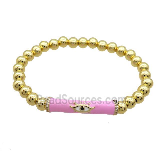 Copper Bracelet Pink Enamel Evil Eye Pave Zircon Stretchy Gold Plated