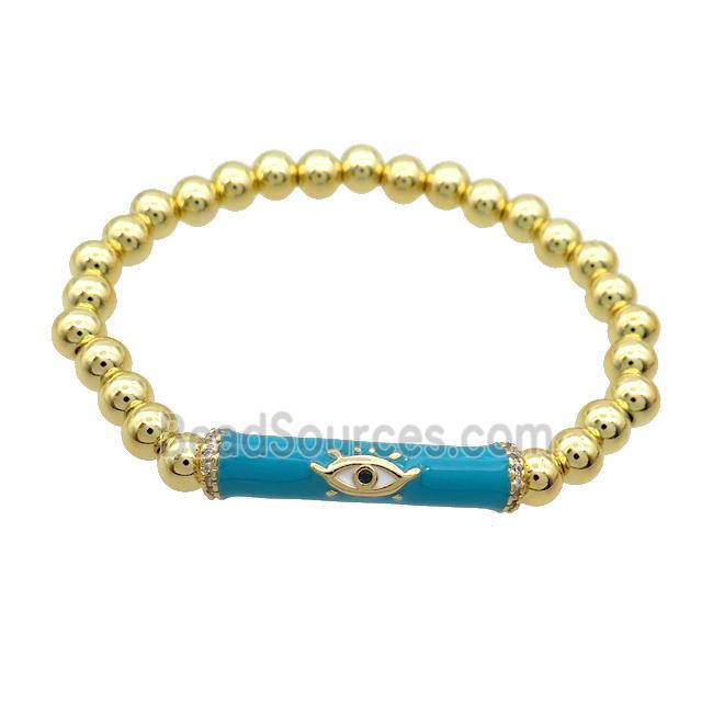 Copper Bracelet Teal Enamel Evil Eye Pave Zircon Stretchy Gold Plated