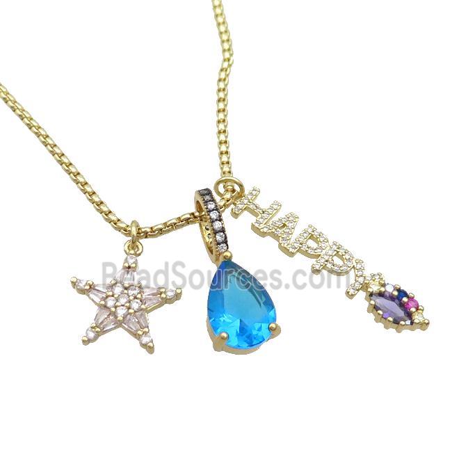 Copper Necklace Star HAPPY Pave Zircon Crystal Glass Gold Plated