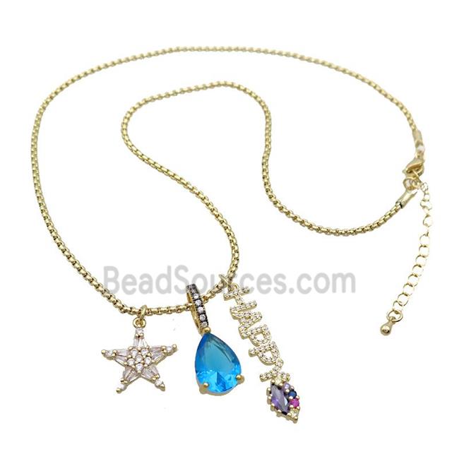 Copper Necklace Star HAPPY Pave Zircon Crystal Glass Gold Plated