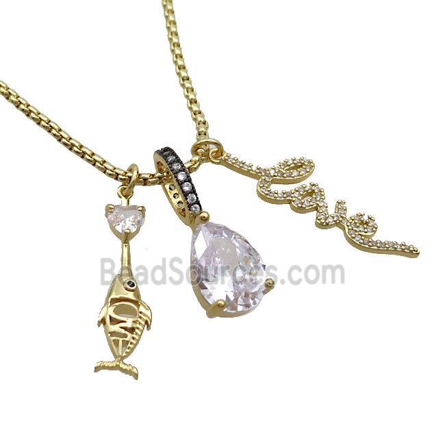 Copper Necklace Fish LOVE Pave Zircon Crystal Glass Gold Plated