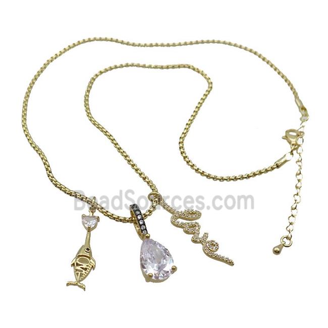 Copper Necklace Fish LOVE Pave Zircon Crystal Glass Gold Plated