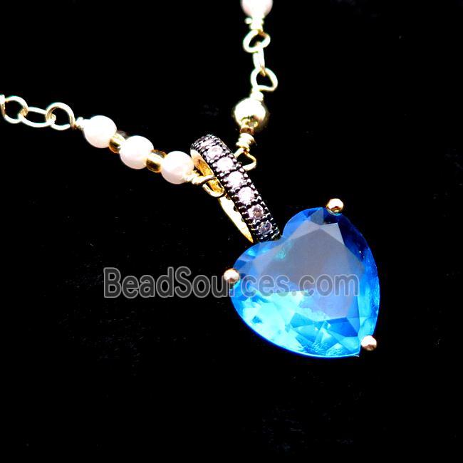 Copper Necklace Blue Heart Crystal Glass Pearlized Plastic Gold Plated