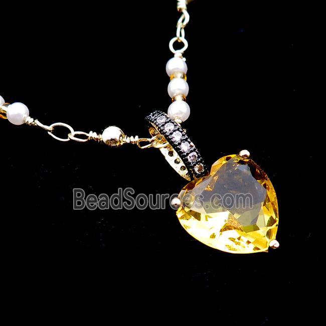 Copper Necklace Golden Heart Crystal Glass Pearlized Plastic Gold Plated