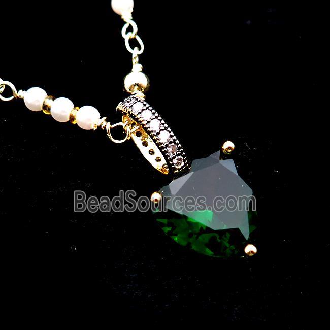 Copper Necklace Green Heart Crystal Glass Pearlized Plastic Gold Plated