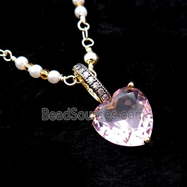 Copper Necklace Pink Heart Crystal Glass Pearlized Plastic Gold Plated