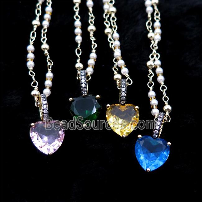 Copper Necklace Heart Crystal Glass Pearlized Plastic Gold Plated Mixed