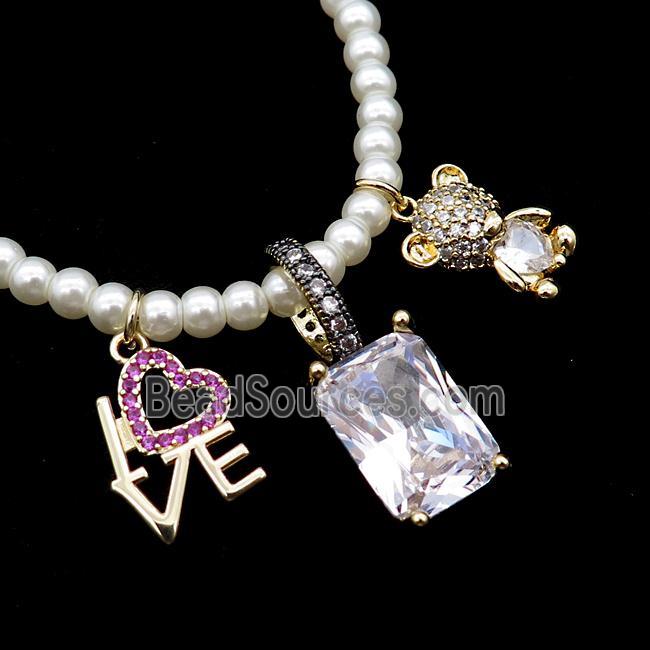 White Pearlized Plastic Necklace With LOVE Bear Crystal Glass