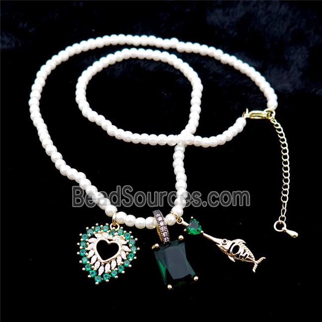 White Pearlized Plastic Necklace With Heart Fish Crystal Glass