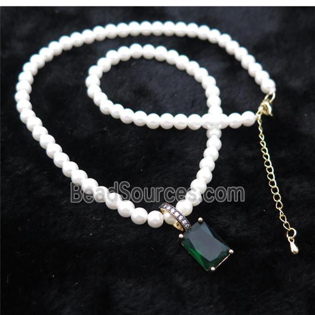 White Pearlized Plastic Necklace Pave Green Crystal Glass Rectangle