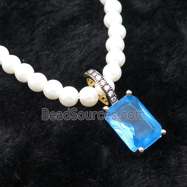 White Pearlized Plastic Necklace Pave Blue Crystal Glass Rectangle