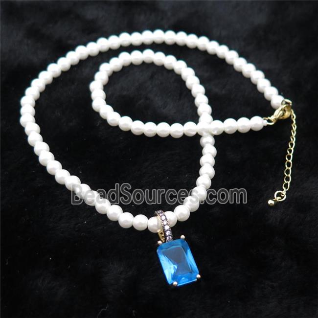 White Pearlized Plastic Necklace Pave Blue Crystal Glass Rectangle