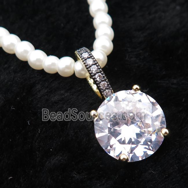 White Pearlized Plastic Necklace Pave Clear Crystal Glass Circle