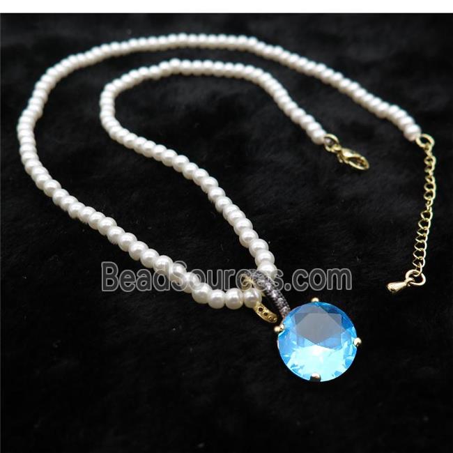 White Pearlized Plastic Necklace Pave Blue Crystal Glass Circle