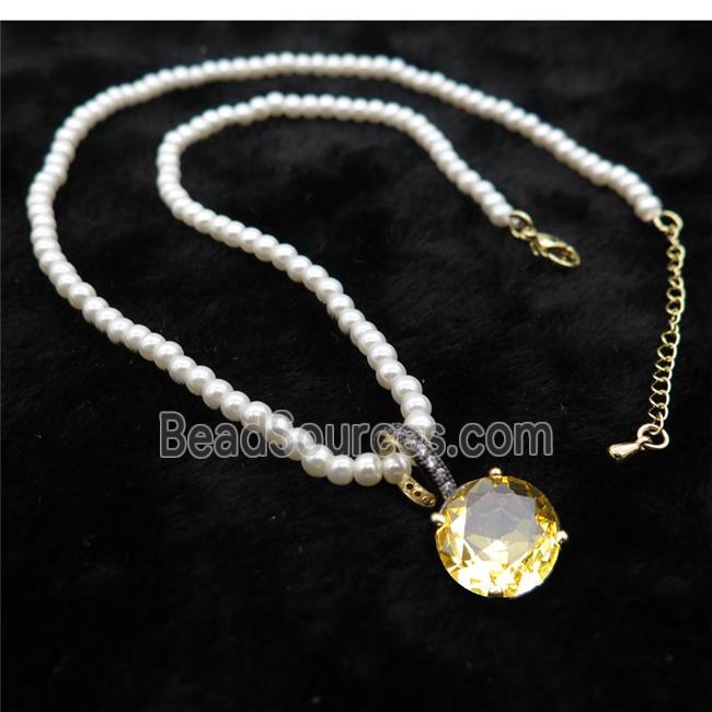 White Pearlized Plastic Necklace Pave Golden Crystal Glass Circle