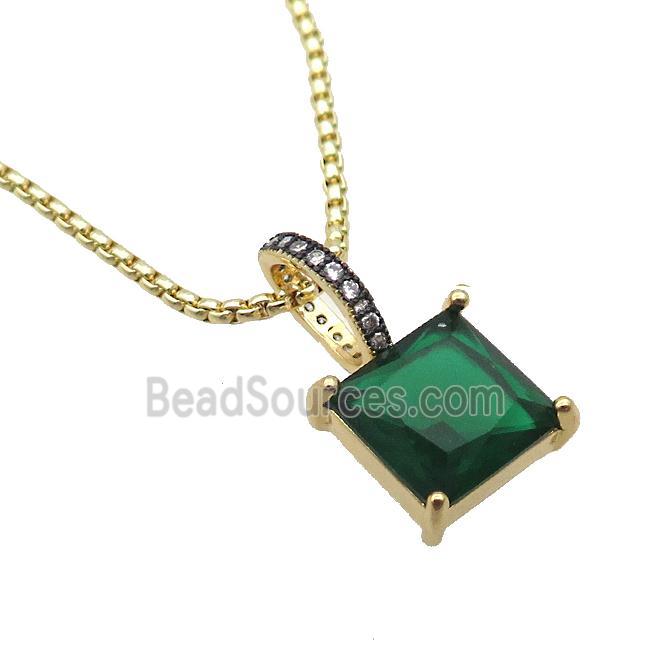 Copper Necklace With Green Crystal Glass Square Gold Plated