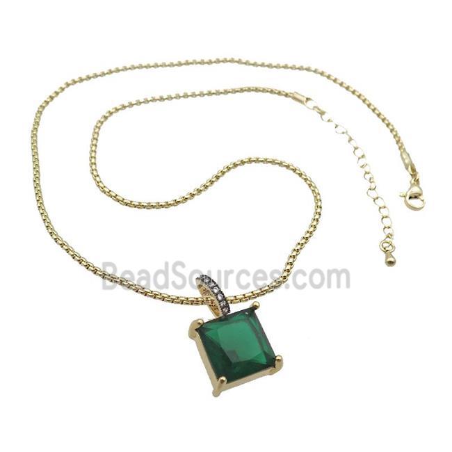 Copper Necklace With Green Crystal Glass Square Gold Plated