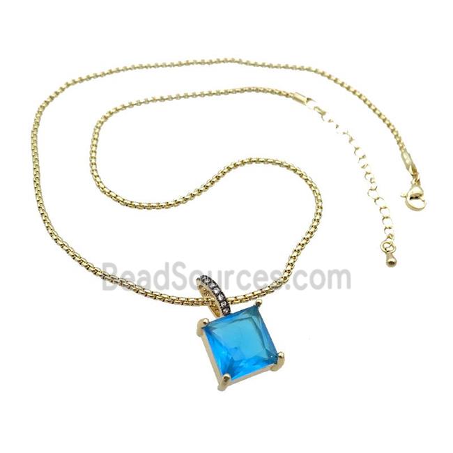 Copper Necklace With Blue Crystal Glass Square Gold Plated