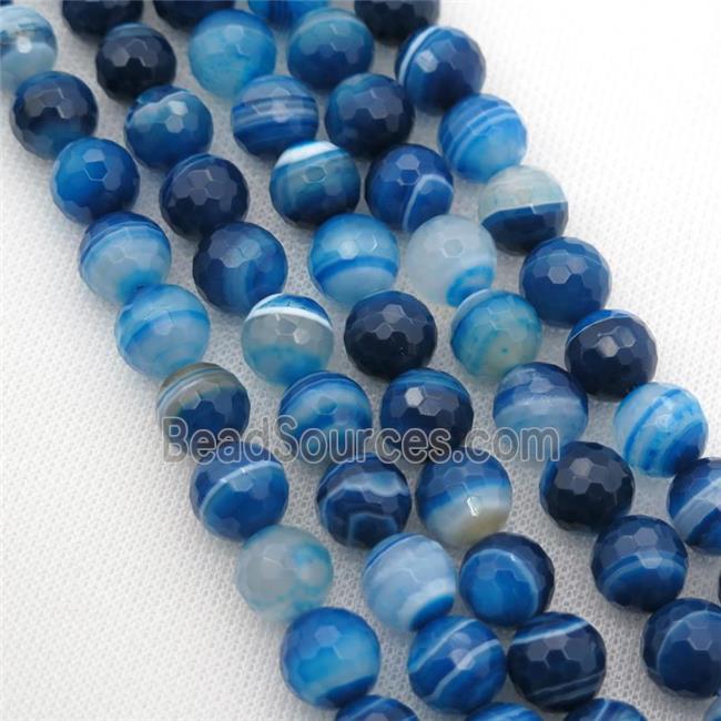 Natural Stripe Agate Beads Banded Blue Dye Faceted Round