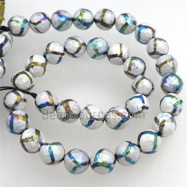 faceted round Tibetan Agate beads, football, AB color electroplated