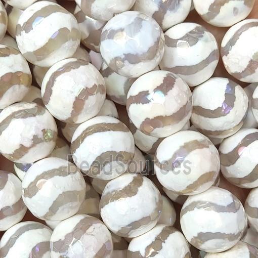 faceted round Tibetan Agate beads, white, wave, AB color electroplated