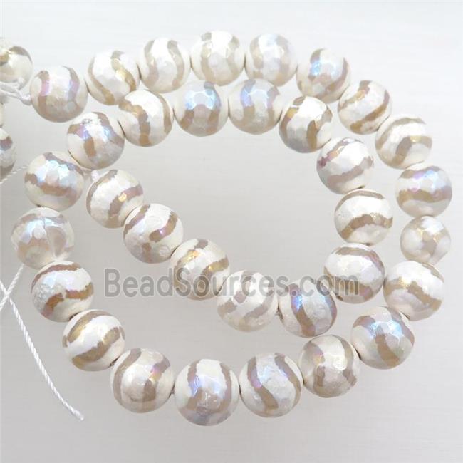 faceted round Tibetan Agate beads, white, wave, AB color electroplated