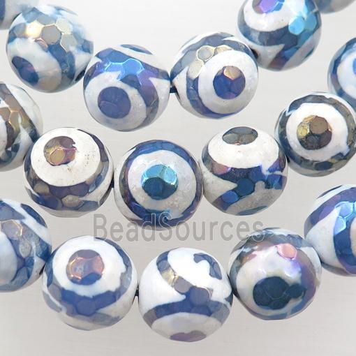 faceted round Tibetan Agate beads, blue, eye, AB color electroplated