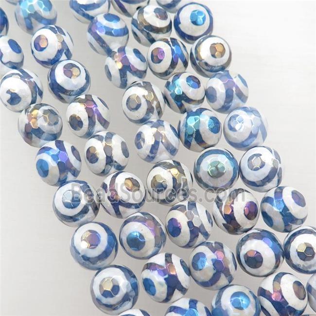 faceted round Tibetan Agate beads, blue, eye, AB color electroplated