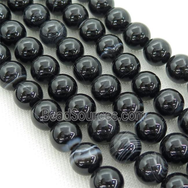 Natural Stripe Agate Beads Banded Black Smooth Round