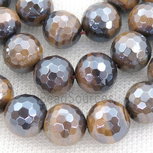 natural Tiger eye stone Beads, faceted round, light electroplated