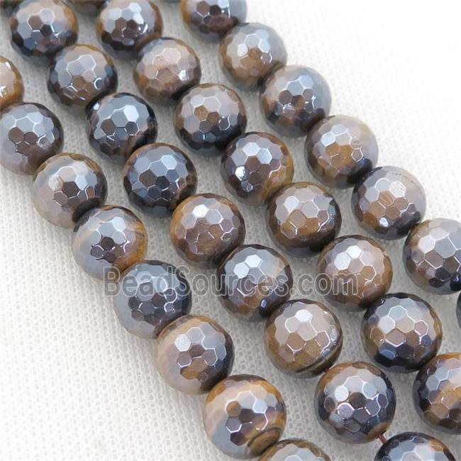 natural Tiger eye stone Beads, faceted round, light electroplated