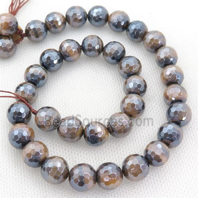 natural Tiger eye stone Beads, faceted round, light electroplated