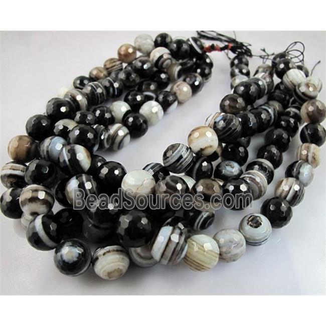 black Agate Stone beads, faceted round, stripe