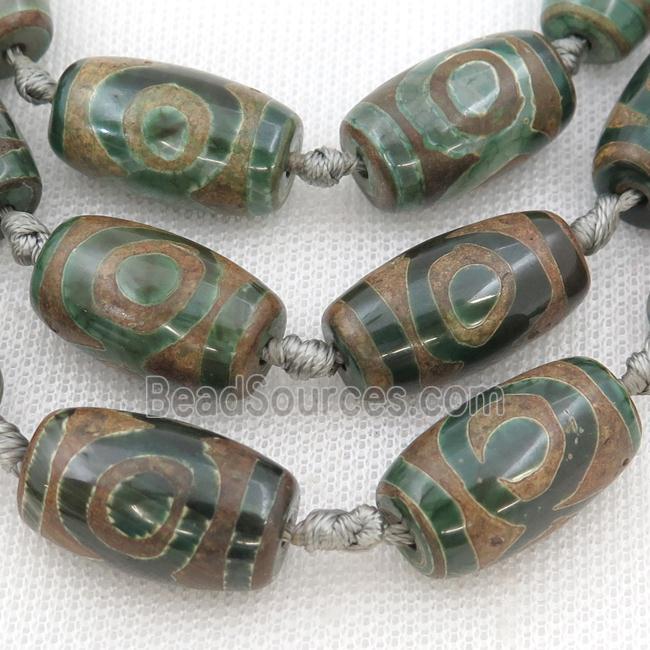 green Tibetan Agate barrel beads, evil eye