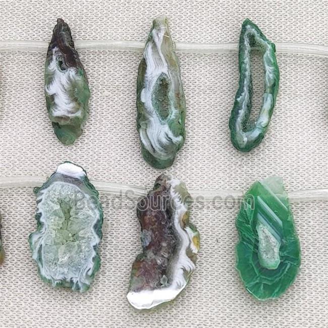 green Agate Geode Druzy slice beads, top-drilled