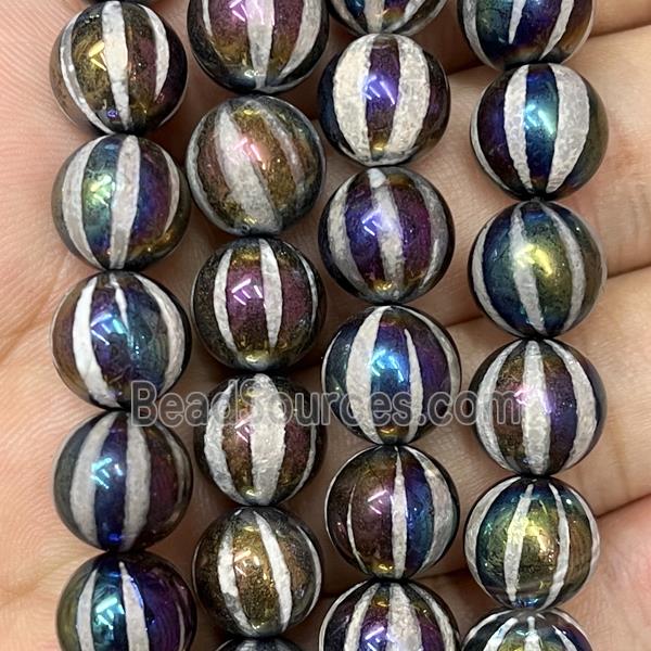 round Tibetan Agate Beads, pumpkin, rainbow electroplated