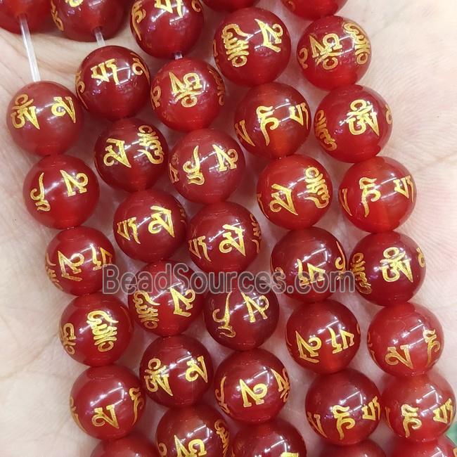 Red Carnelian Agate Round Beads Buddhist Om Mani Padme Hum