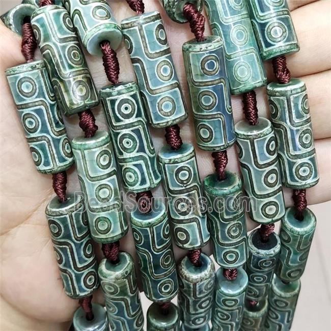 Green Tibetan Agate Tube Beads Evil Eye