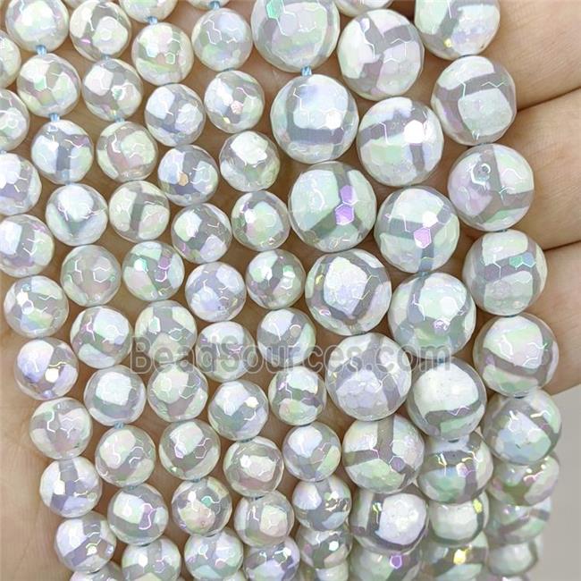 White Tibetan Agate Beads Football Faceted Round AB-Color Electroplated