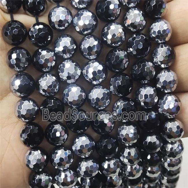 Natural Black Onyx Agate Beads Faceted Round Half Silver Electroplated