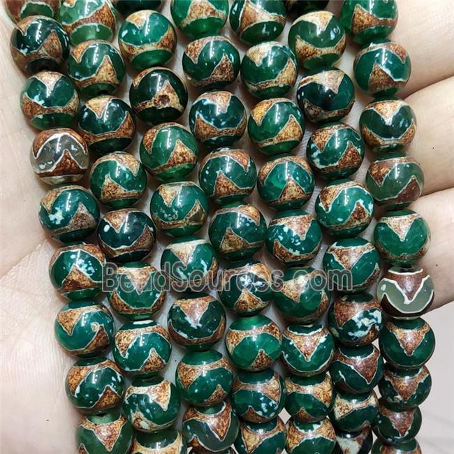 Tibetan Agate Beads Green Smooth Round Wave