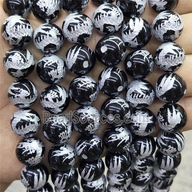 Natural Black Onyx Agate Beads Round Carved