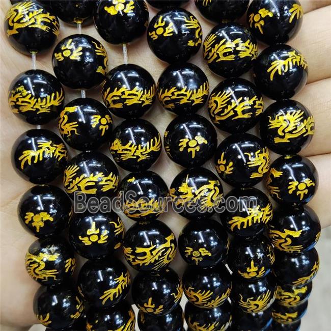 Natural Black Agate Beads Round Carved