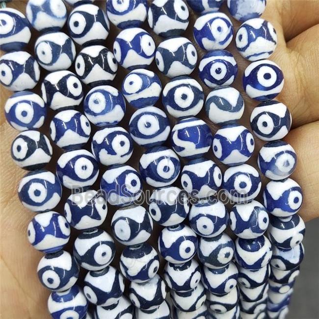 Tibetan Agate Beads Blue Evil Eye Smooth Round