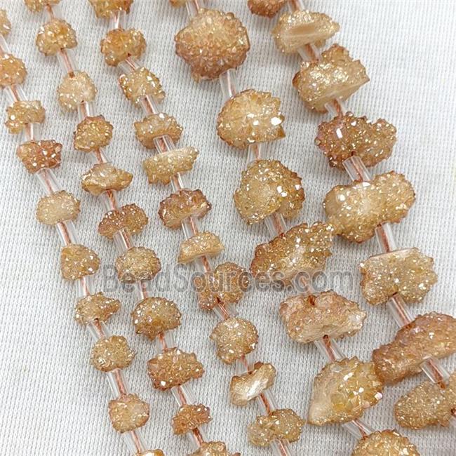 Natural Druzy Quartz Cluster Beads Champagne Electroplated