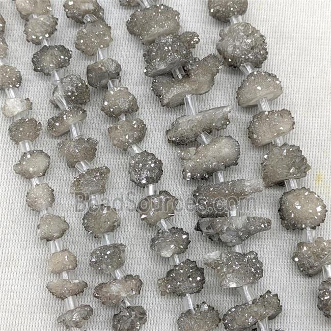 Natural Druzy Quartz Cluster Beads Gray Electroplated