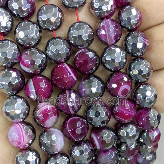 Natural Stripe Agate Beads Faceted Round Hotpink Dye Platinum Plated