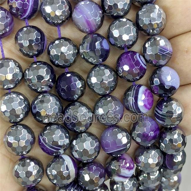 Natural Stripe Agate Beads Faceted Round Purple Dye Platinum Plated