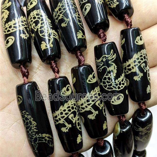 Tibetan Agate Rice Beads Black Yellow Dragon