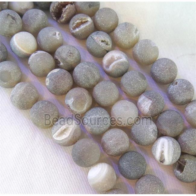 Frosted Druzy Agate Beads, round, gray